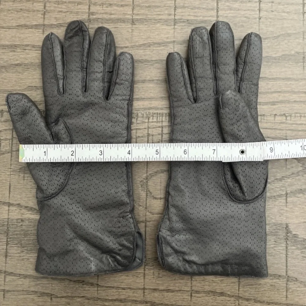 Vintage Grey Perforated Genuine Leather Gloves Cashmere Lined Women’s Winter Sm.